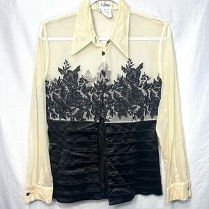 Le Garage *RARE* Size 4 Cream and Black Ruched Button Down Blouse